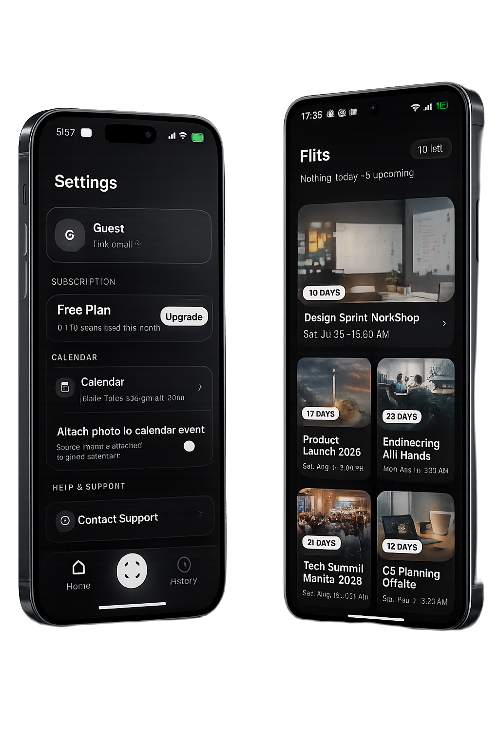 Flits app running on two phones showing the home and settings screens