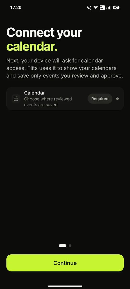 Flits calendar setup screen: Connect your calendar. Choose where reviewed events are saved.