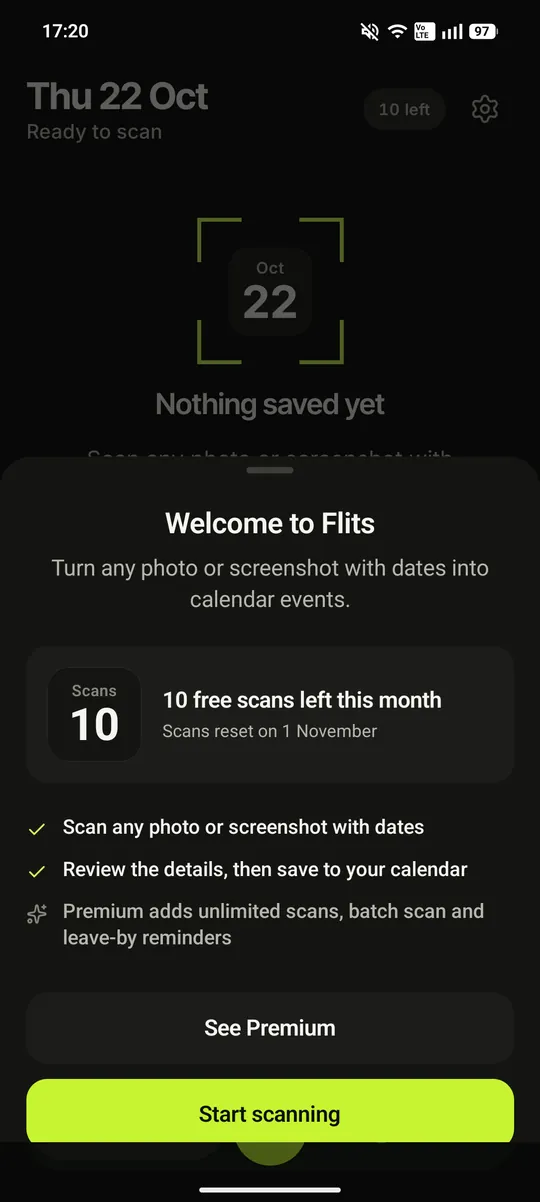Flits welcome sheet: Turn any photo or screenshot with dates into calendar events. Review the details, then save to your calendar.