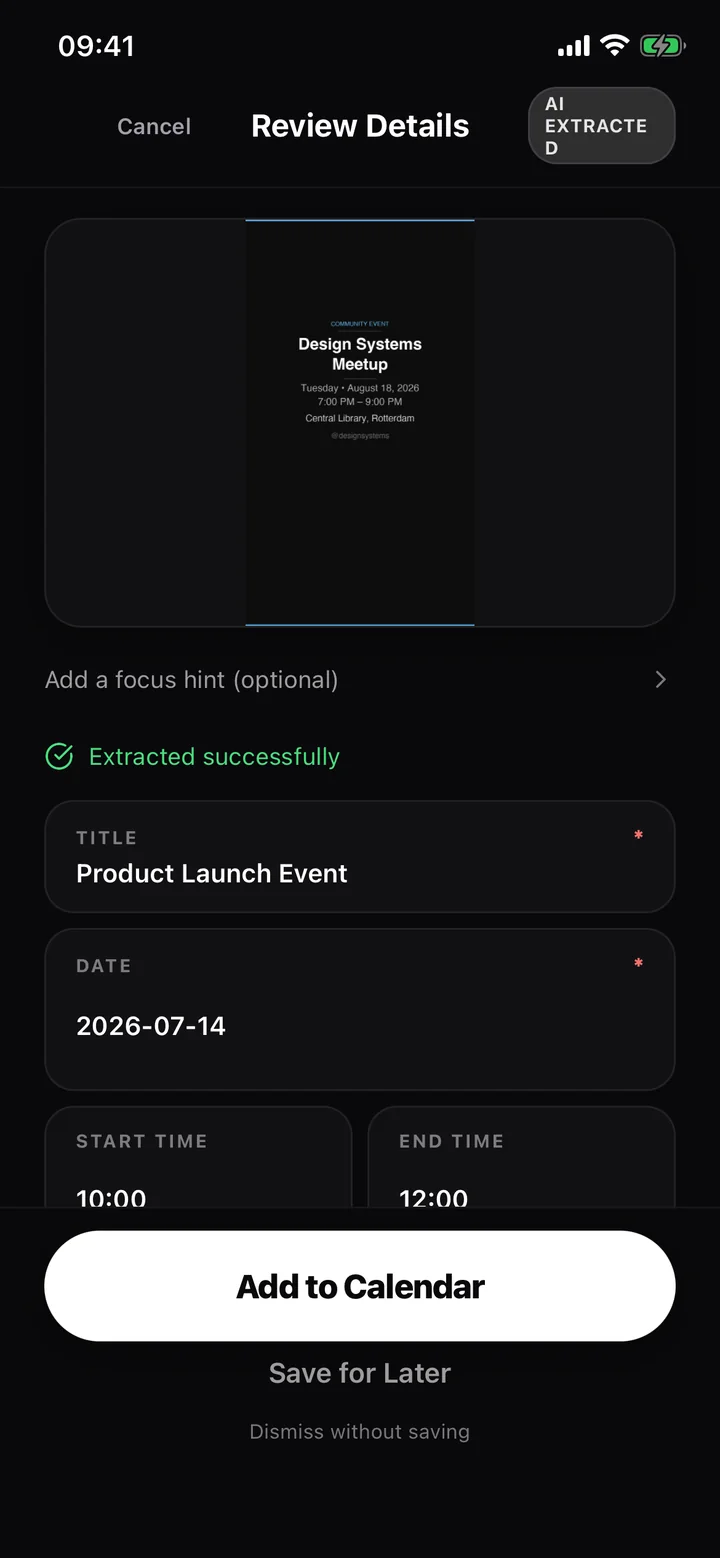 Flits review screen showing the extracted event details and an Add to Calendar button