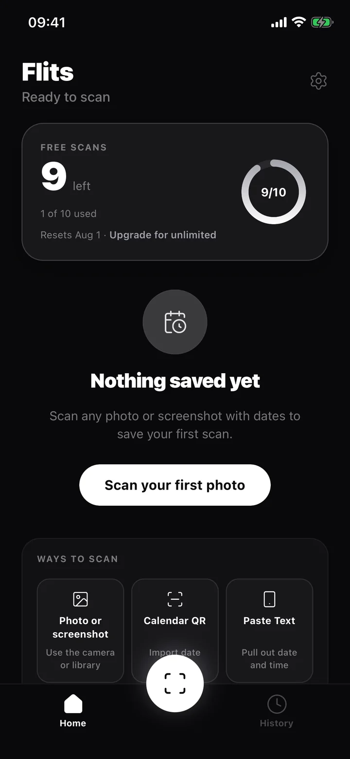 Flits home screen after a scan, showing free scans remaining and ways to scan